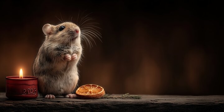 Cute mouse standing near burning candle and dried orange slice in dark setting.

