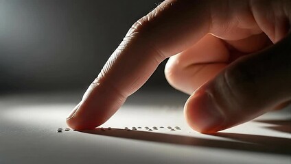Close-up of a hand reading Braille text, highlighting touch, accessibility, and visual impairment awareness with dramatic lighting.