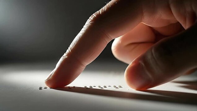 Close-up of a hand reading Braille text, highlighting touch, accessibility, and visual impairment awareness with dramatic lighting. - Powered by Adobe