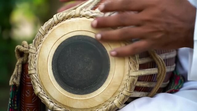 Close-up of hands playing the traditional Indian percussion instrument, the tabla