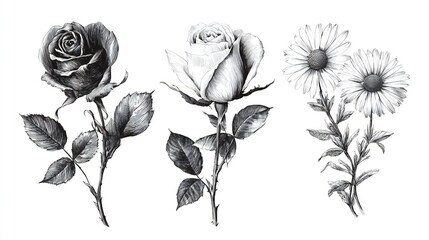 Elegant Botanical Illustrations: Vintage Rose & Daisy Floral Engravings. Artistic Black & White Nature Drawings for Design & Decor.
