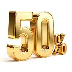 Golden 50% Discount Offer - Special Sale Promotion. Elegant 3D Fifty Percent Sign for Marketing.
