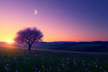 A picturesque landscape featuring a vibrant sunset over rolling hills adorned with blooming fields and a solitary tree at the horizon.