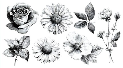 Classic Botanical Engravings: Vintage Flower & Leaf Illustrations for Elegant Design Projects
