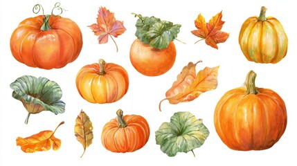 Watercolor Autumn Harvest Collection: Hand-Painted Pumpkins, Golden Squash, Colorful Fall Foliage Elements
