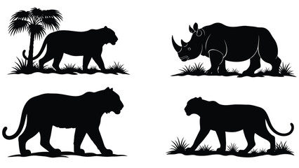 Silhouettes of leopard and rhino in natural setting wildlife nature © SnappyDesigns