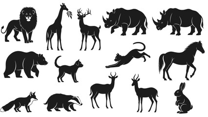Black silhouettes of various animals including lion giraffe deer rhino bear cat horse fox © SnappyDesigns