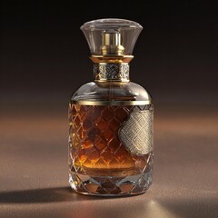 Ornate Perfume Bottle with Gold & Silver Accents, Featuring Amber Fragrance in Textured Glass. A Luxurious Beauty Product.
