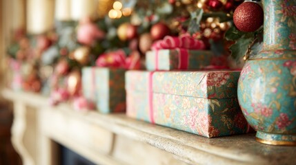 Obraz premium Presents on a mantel decorated for a celebration during the holiday season