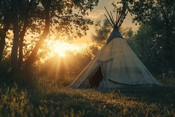 A traditional Indian teepee tent with a bright sun setting in the background, surrounded by trees and grass.