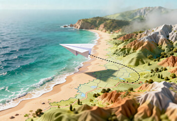 Paper airplane flying over scenic coastal landscape with mountains and ocean view