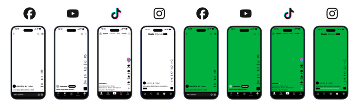 Facebook YouTube TikTok Instagram content formats showing post reels story video short with transparent PNG assets and green screen placeholders
