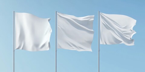 A set of four identical flags fluttering in unison against a clear sky. The flags are all the same size and color, creating a uniform look.