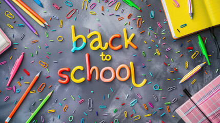 School supplies with the inscription Back to School on the blackboard. The concept of education. School background.