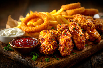 chicken wings, fries and onion rings for football on a table. Great for Bowl Game party