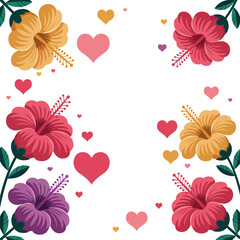 Floral Heart Frame with Colorful Hibiscus Flowers Romantic Botanical Illustration