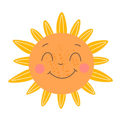 Cute Smiling Sun with Round Rays. Flat Cartoon Sun Icon. Summer Weather Vector