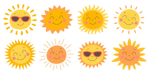 Cute Smiling Sun Characters Set with Freckles. Happy Cartoon Sun with Faces. Summer Weather Icons. Kids Illustration Collection.