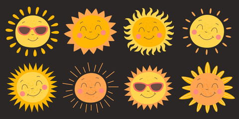 A set of cute sunny characters on a dark background. Smiling cartoon sun icons with different rays and expressions. Summer weather vector illustration.