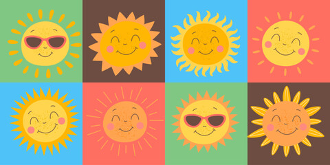 A cute smiling sunny set of characters. Happy cartoon suns with different facial expressions. Summer weather icons. Flat vector illustration.