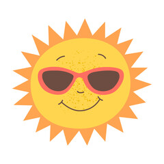 Smiling sun with sunglasses. Cute cartoon summer sun icon. Flat weather vector illustration.