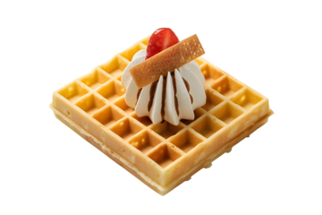 Delicious waffle topped with cream and strawberry . Isolated on transparent background, png