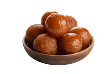 Delicious Gulab Jamun served in a wooden bowl  . Isolated on transparent background, png