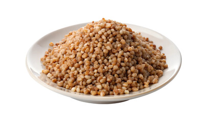 Pile of buckwheat on a white plate isolated on transparent background