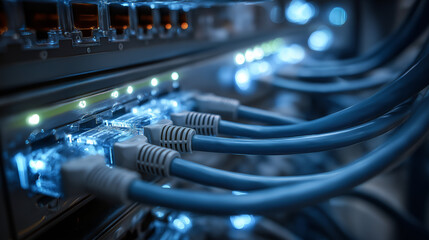 Ethernet Network Infrastructure: Glowing Patch Panel Cables in Data Center