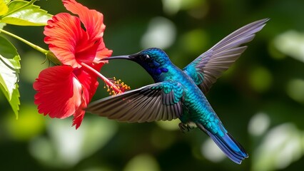 A vibrant hummingbird with iridescent blue feathers gracefully sips nectar from a vivid red hibiscus