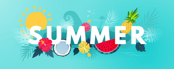 Summer tropical vector design for banner or flyer with exotic palm leaves, hibiscus flowers sun, fruits and ocean waves.