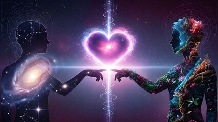 The profound connection of cosmic and natural entities forming a radiant heart