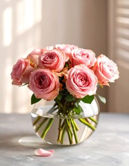 Pink roses in a glass bowl