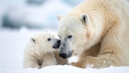 Polar bear mother and cub in snow