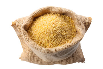 Burlap bag filled with cornmeal sack isolated on transparent background