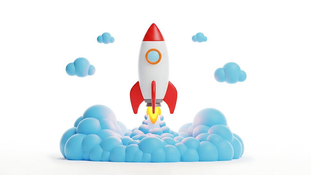 3d cartoon rocket launching with blue clouds isolated on white background