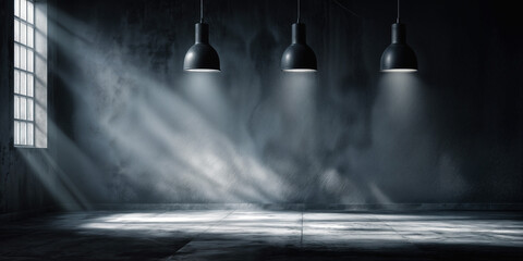 Illuminated Concrete Wall with Hanging Lamps and Dynamic Shadows: Spacious, Minimalist Setting for Product Showcase