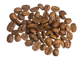 Closeup of roasted coffee beans on white background with detailed texture and natural color.