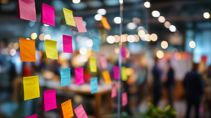 Creative Brainstorming Session in Modern Office with Colorful Sticky Notes and Engaged Team in Soft Focus