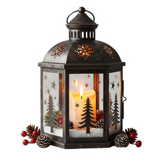Vintage winter wonderland lantern with pine tree and snowflakes