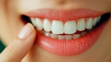 A close-up of a woman's mouth with white teeth and pink lips