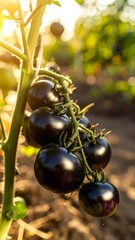 Dark tomatoes on vine in sunlight