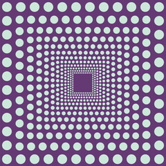 Pattern created by squares of pale mint green circles on a maroon a purple background, getting progressively smaller