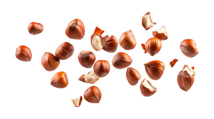 A bunch of nuts are scattered in the air