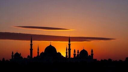 Silhouette of a mosque at sunset with vibrant orange and purple sky