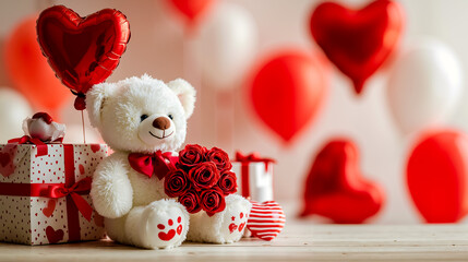 A white teddy bear holding a bouquet of red roses sitting in front of a gift box with a heart on it