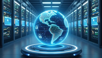 Glowing blue globe in a server room with security icons