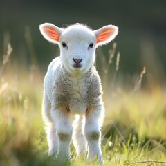 Obraz premium A cute little lamb looking ahead in a green meadow or pasture.