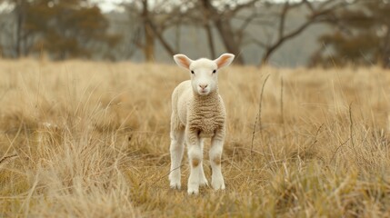 A cute little lamb looking ahead in a green meadow or pasture.