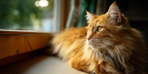 Fluffy ginger cat resting on a windowsill and looking outside, bathed in warm natural light that highlights soft fur and creates a calm cozy indoor atmosphere